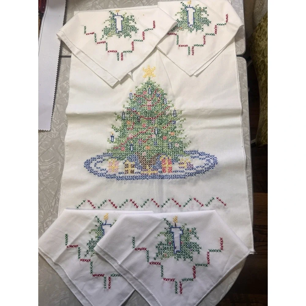 Completed Cross Stitch Christmas Tree Dresser Scarf Table Runner and 4 napkins